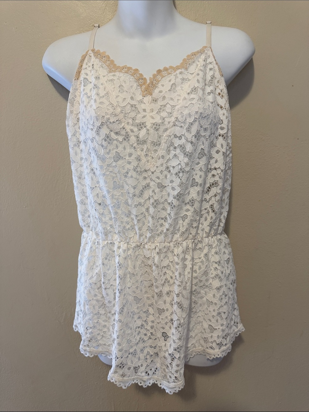 Victoria's Secret Ivory Lace Camisole Romper with Nude Trim